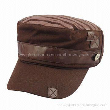 Fashionable Cotton Twill Designer Military Hat, PU Fabric Patch, Band and Metal Button Trim